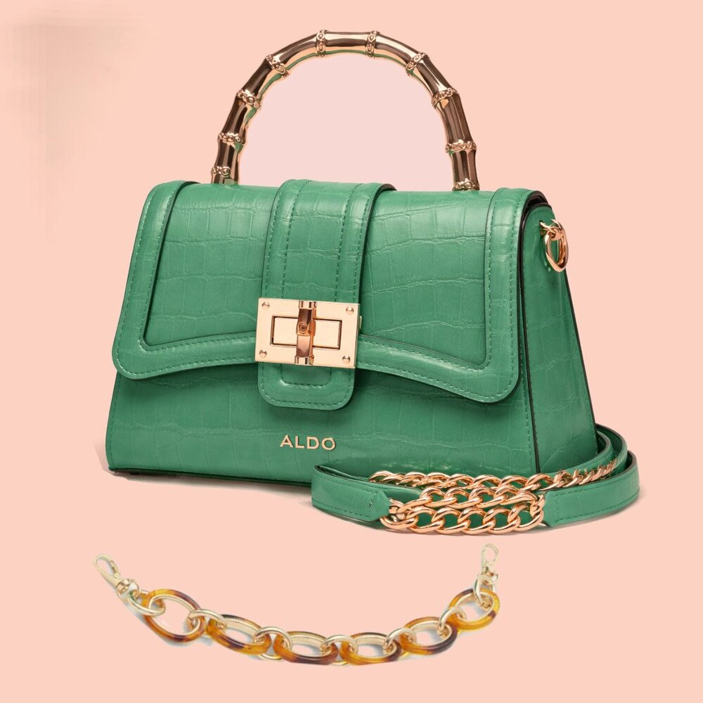 Aldo Aubray Green Croc Embossed Top Handle Bag Bamboo Accent Crossbody NWT - Picture 4 of 8